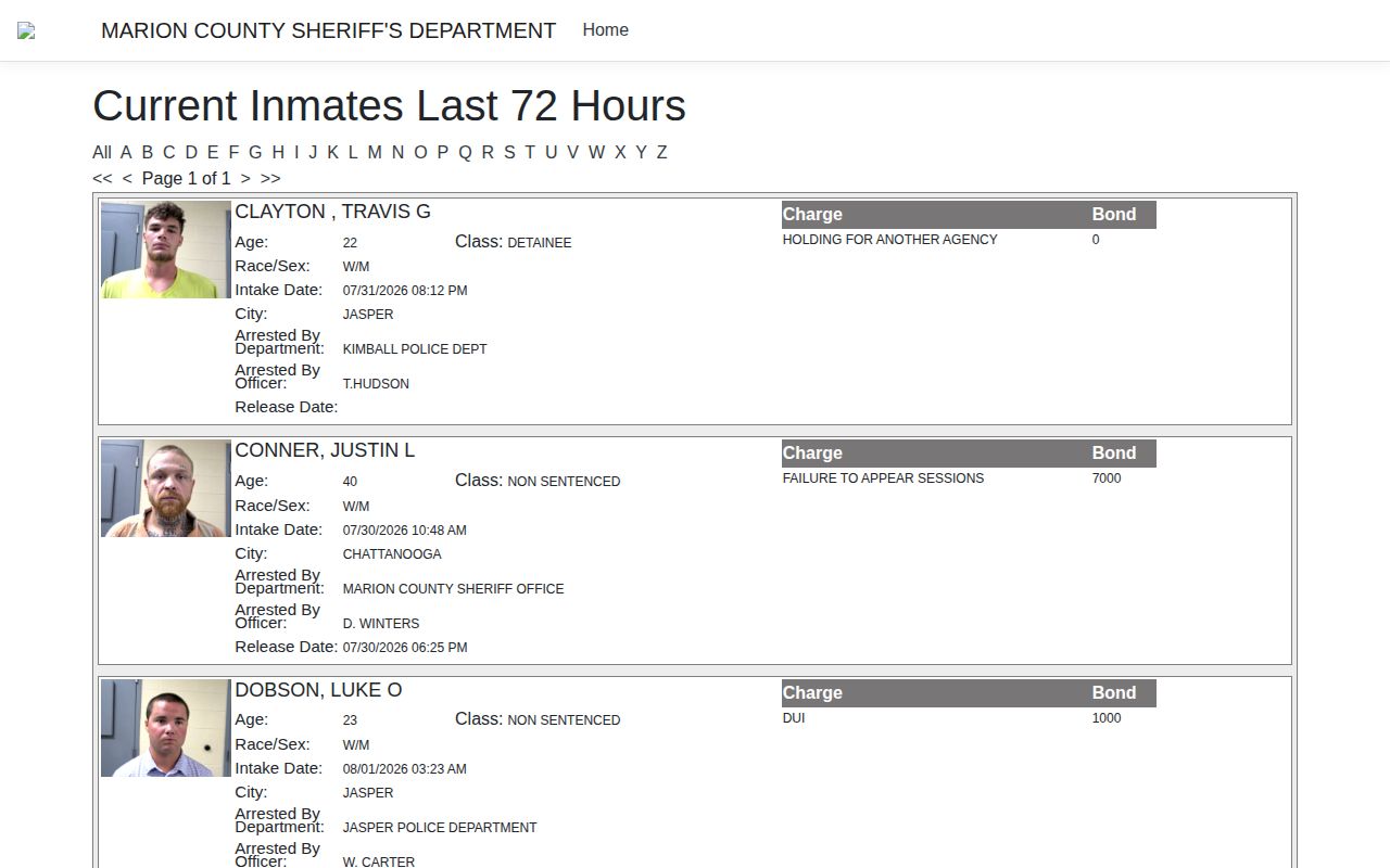 Marion County 72-hour jail intake and release records