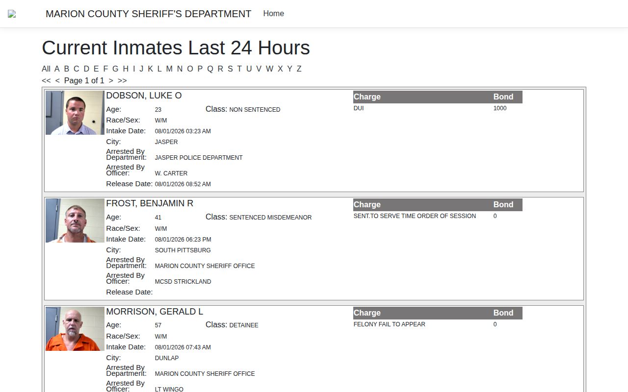 Marion County 24-hour intake and release records view