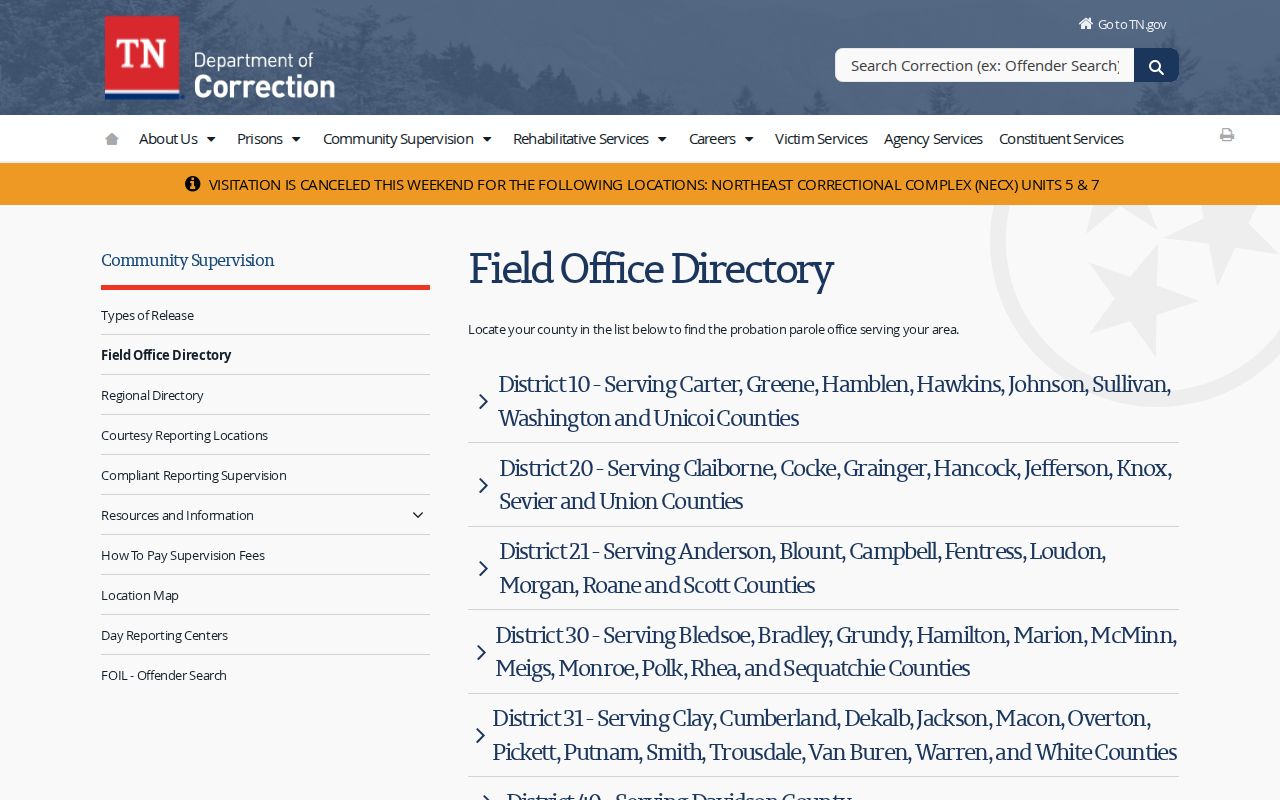 TDOC field office locator for Marion County post-release supervision