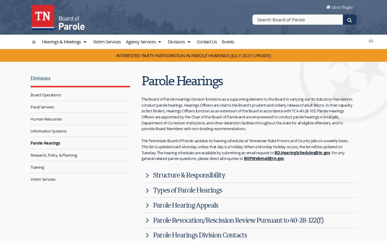Tennessee parole hearing update notice for Marion County supervision checks